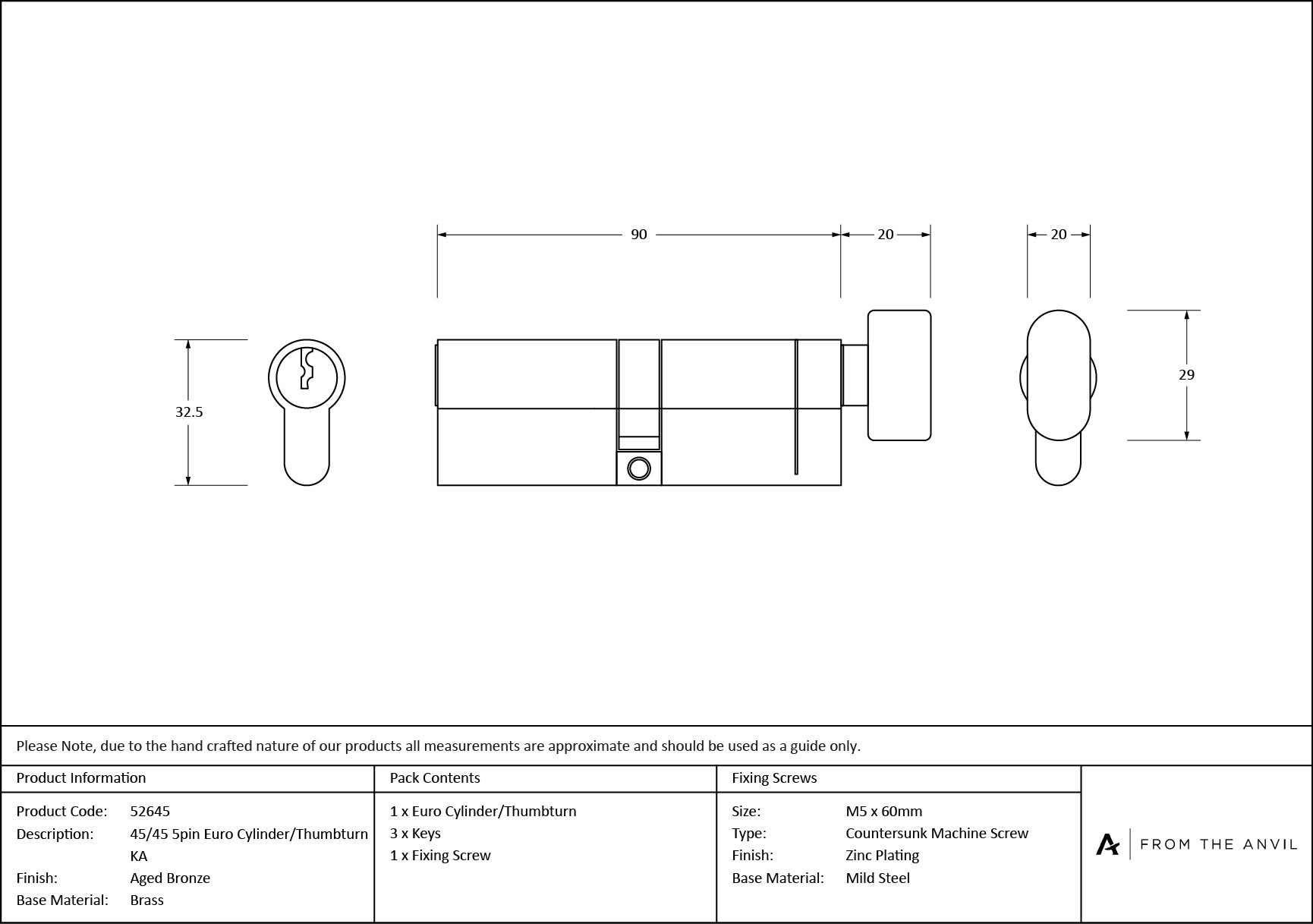 aged bronze 45/45 5pin euro cylinder/thumbturn ka