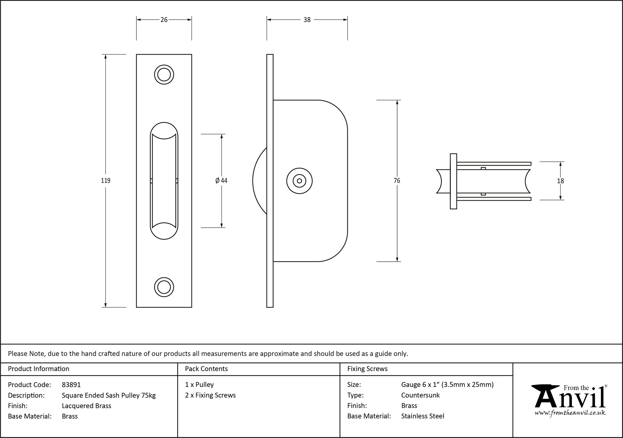lacquered brass square ended sash pulley 75kg