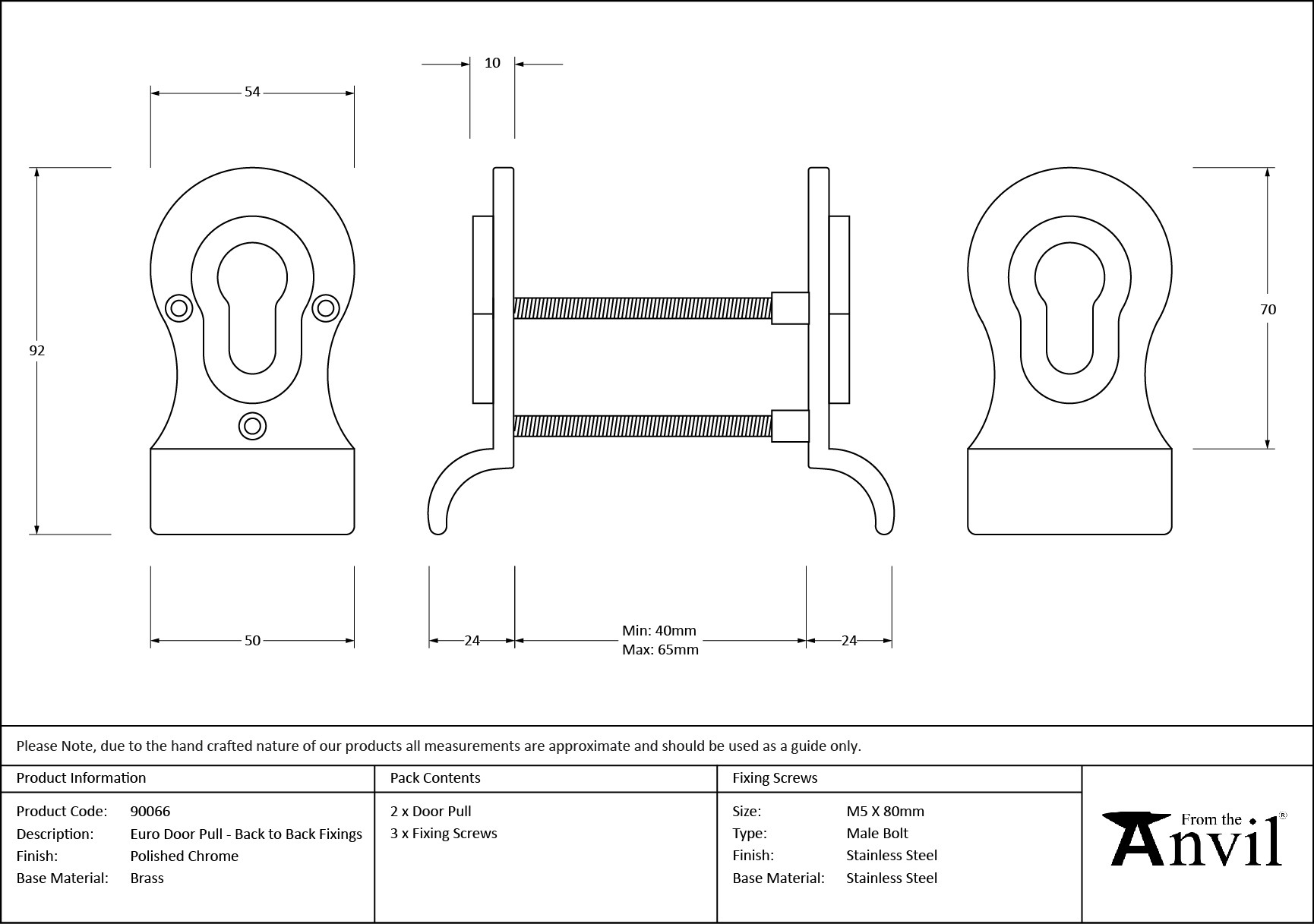 polished chrome 50mm euro door pull (back to back fixings)