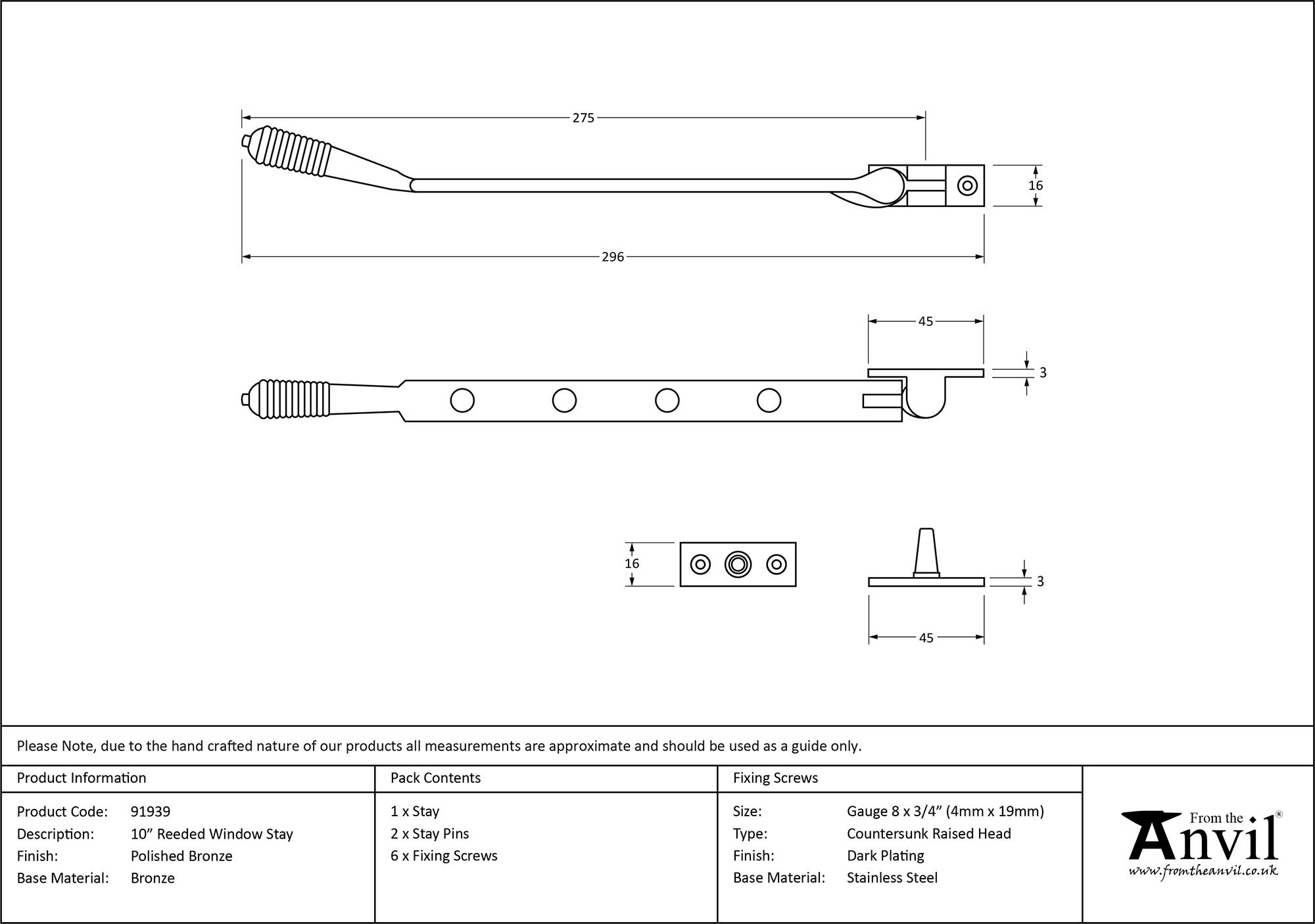polished bronze 10" reeded stay
