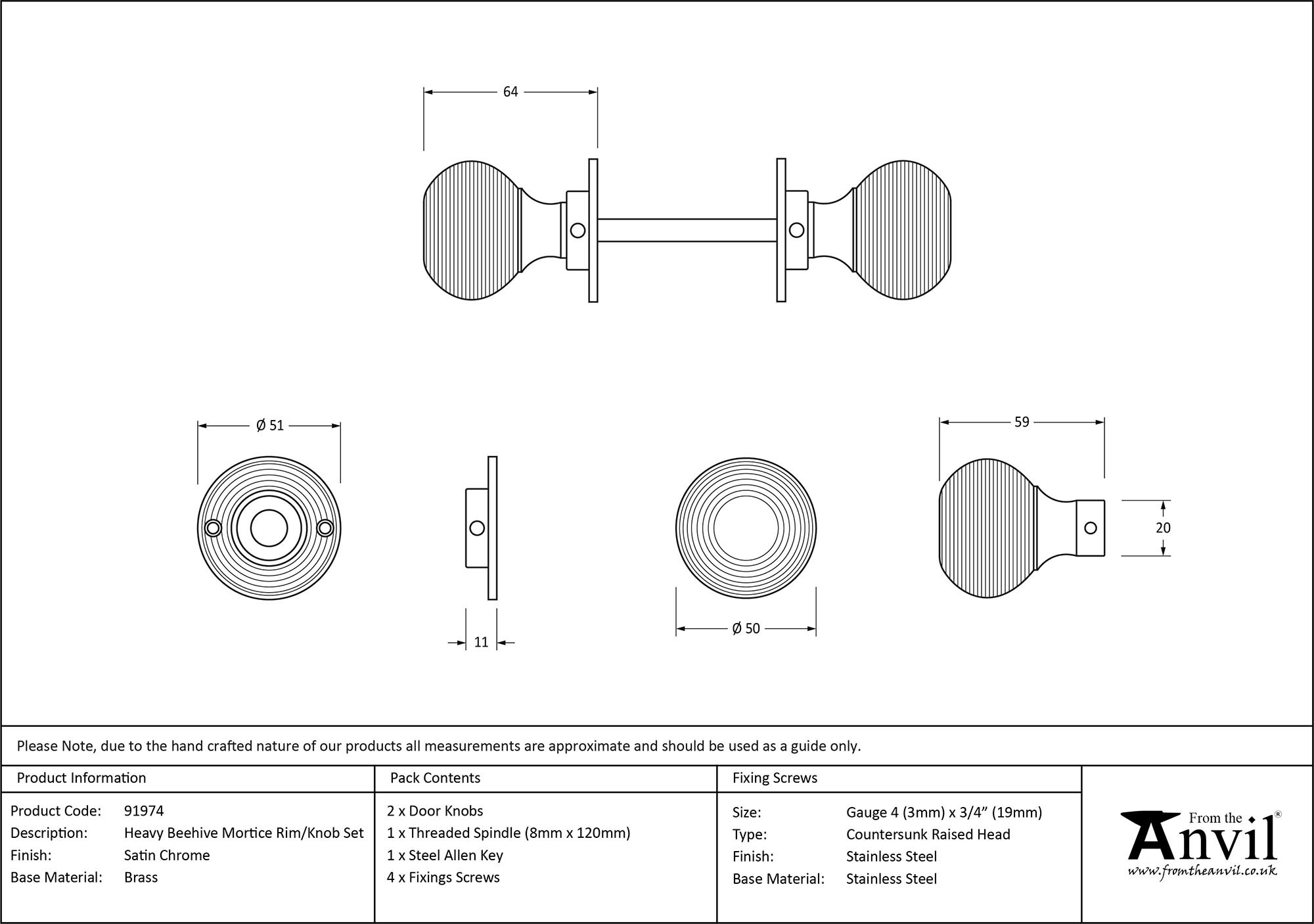 satin chrome heavy beehive mortice/rim knob set