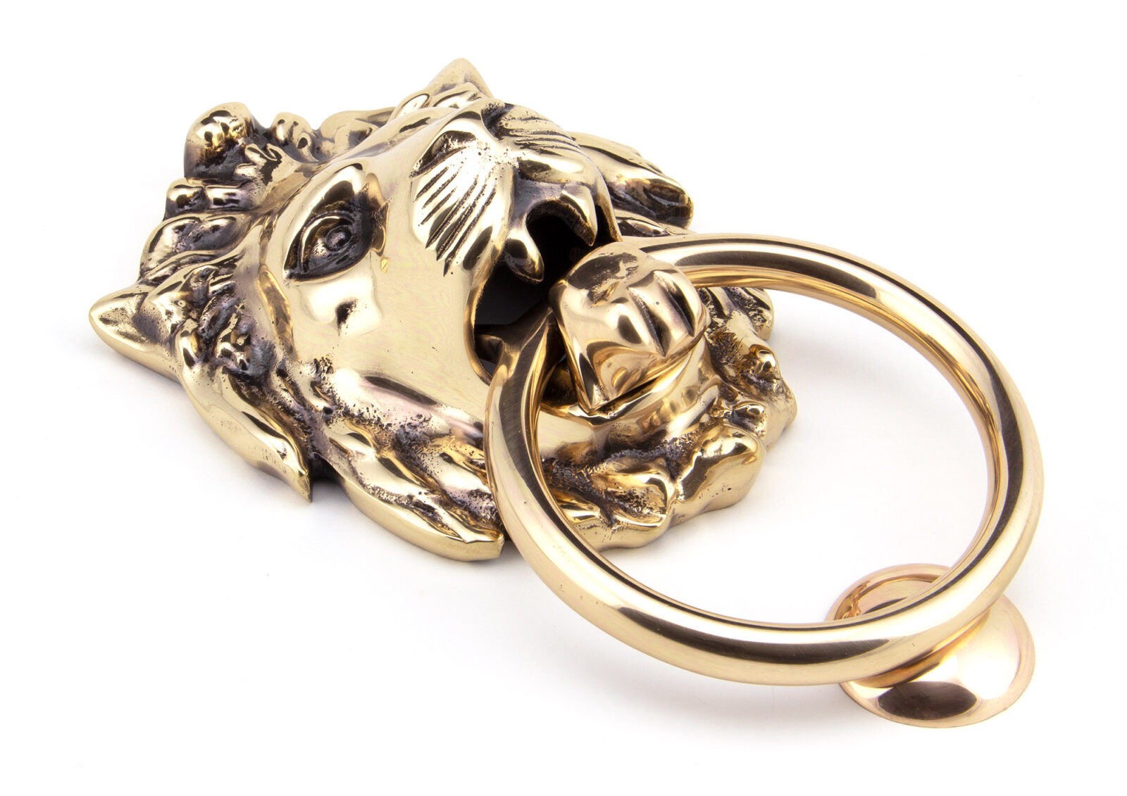 polished bronze lion head door knocker