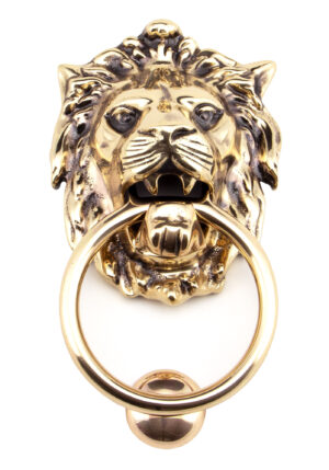 polished bronze lion head door knocker