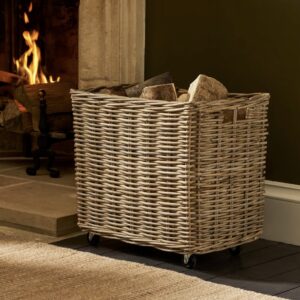 rattan log basket on wheels