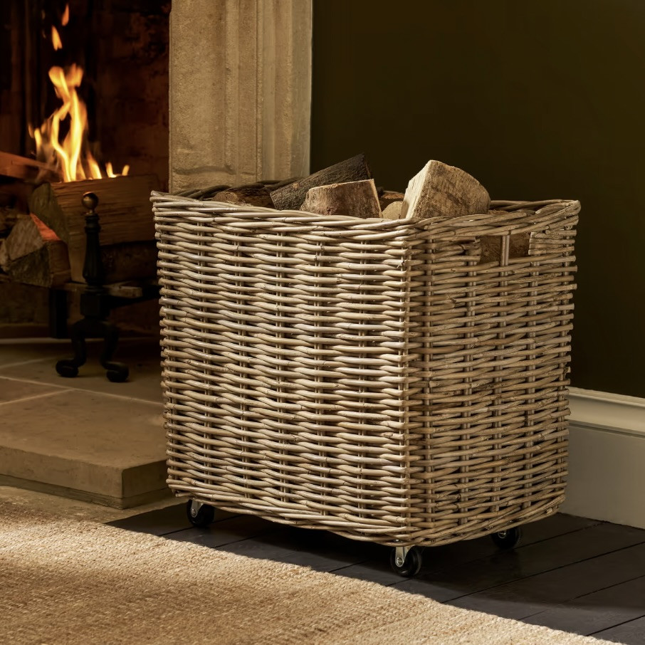 rattan log basket on wheels
